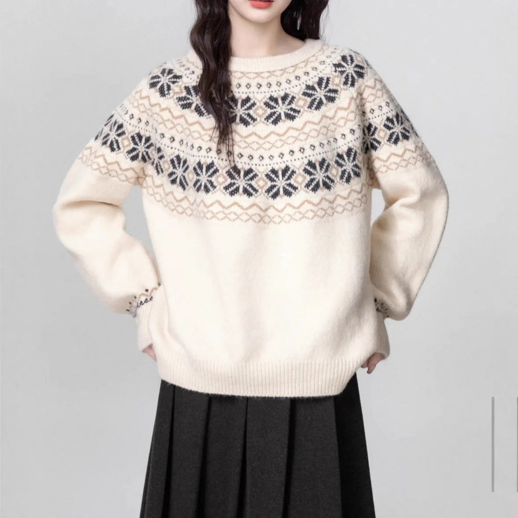 Women's milky white vintage Fair Isle geometric pattern pullover sweater with a loose fit.