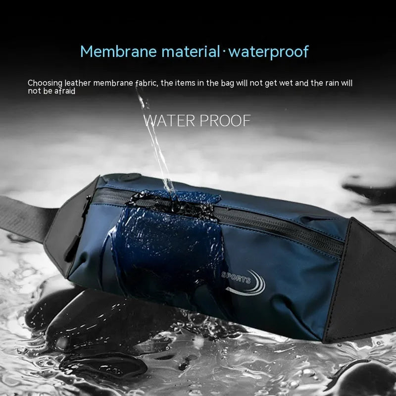 Men's solid-colour waterproof sports waist bag in Derm Oxford polyester, shown in blue, black, or grey