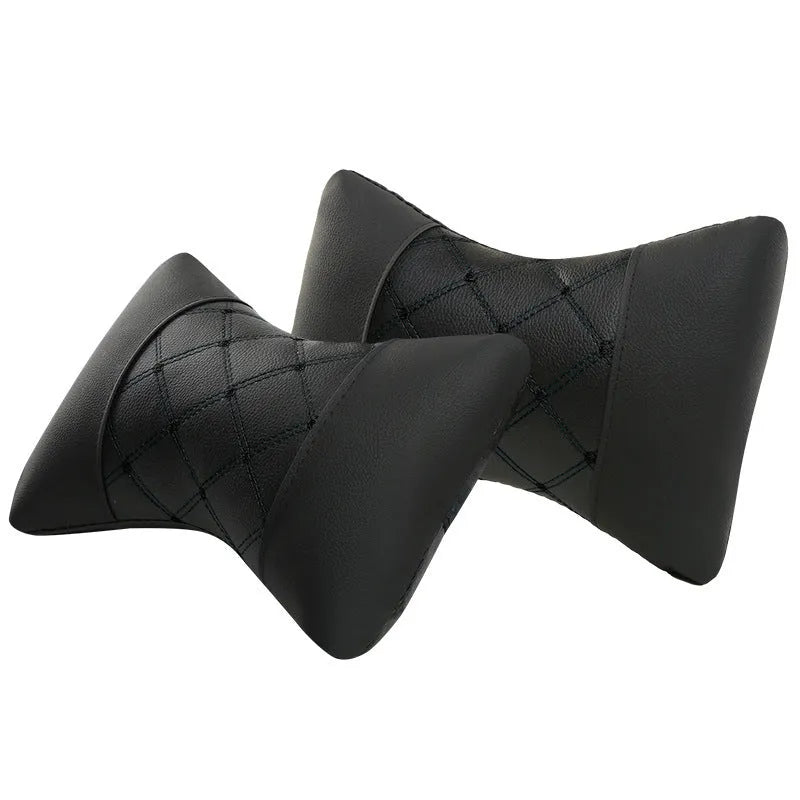 Black leather quilted car headrest pillow with diamond check pattern for cervical neck support