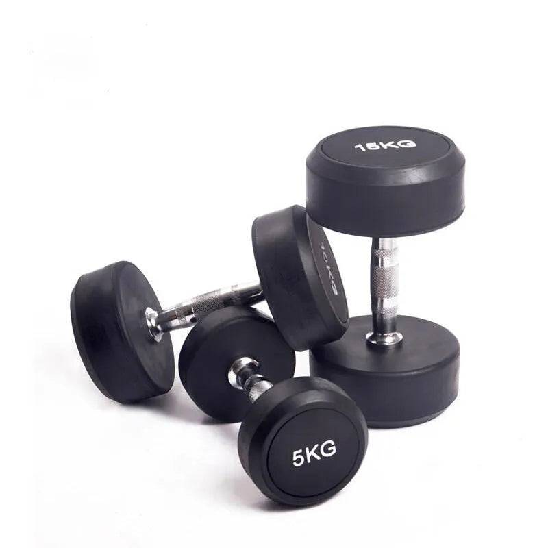Cast iron rubberized round head fitness dumbbell in black, 1kg 2.5kg 5kg options
