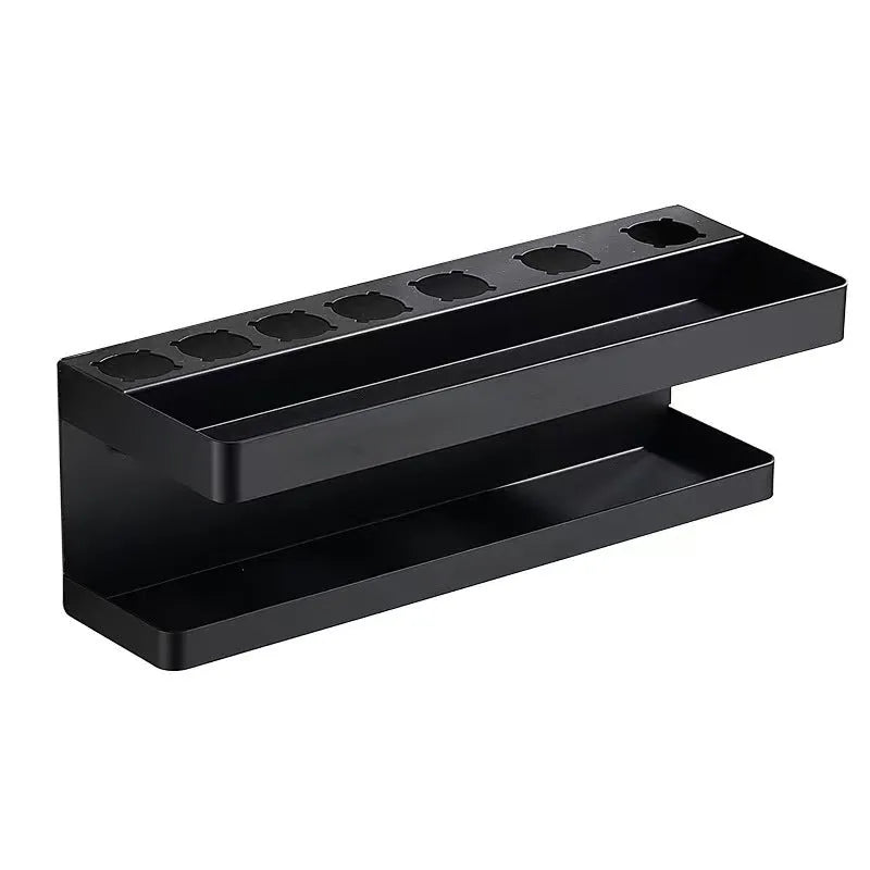 White double-layer aluminum bathroom storage rack with Marcel wave curlers organised on adhesive-mounted wall unit