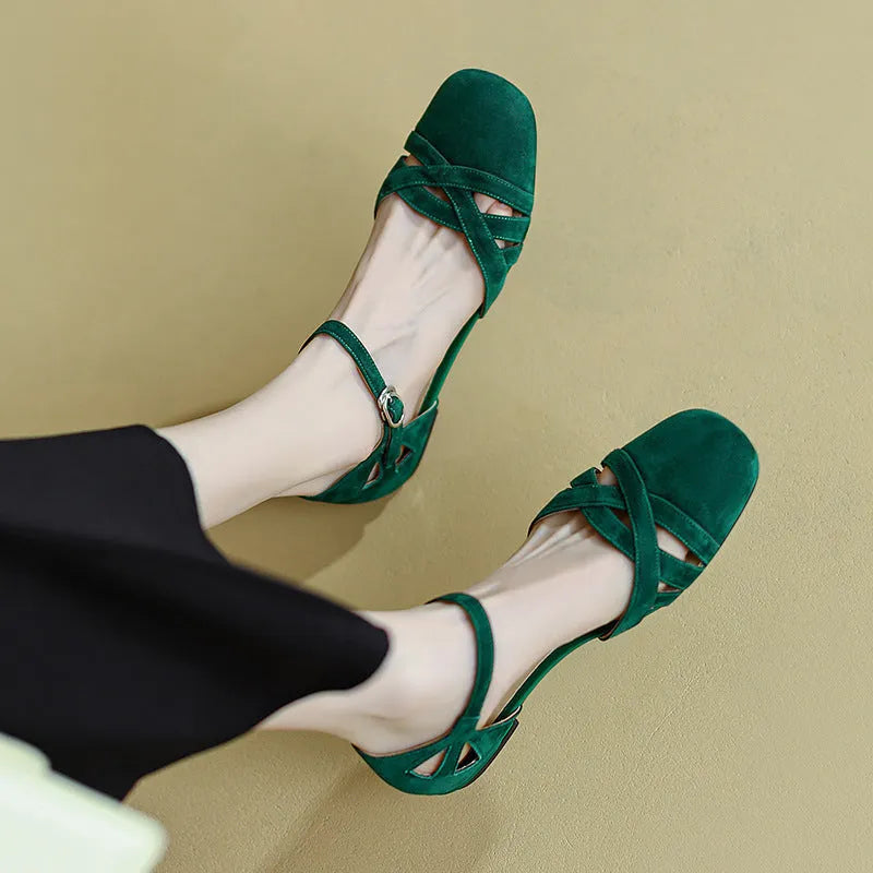 Women's classic Roman sandals with buckle fastening in apricot colour showing round toe design