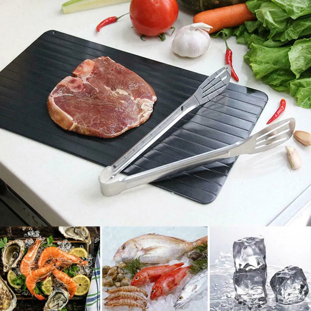 Black aluminium fast defrost tray for thawing frozen meat and food without electricity