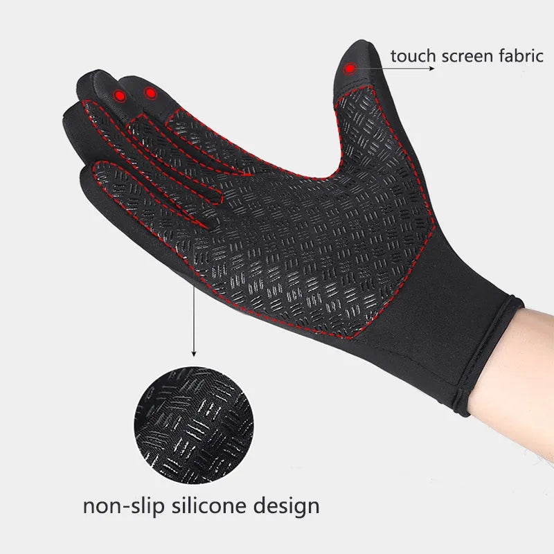 Winter touch screen motorcycle gloves with fleece lining in black and blue colours