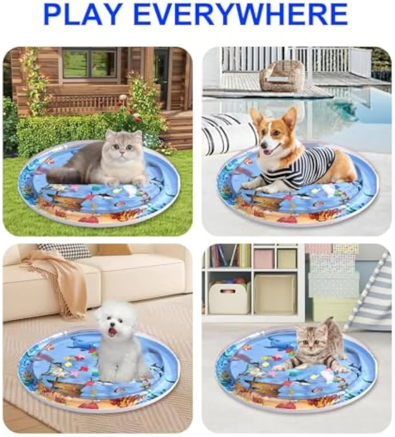 Blue 90cm diameter cat water sensory playmat with floating ocean fish toys inside.