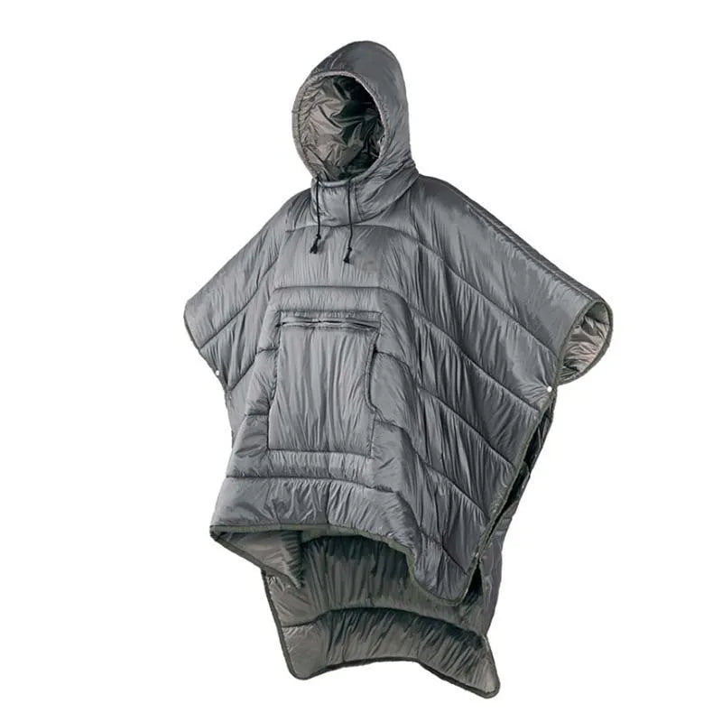 Grey adult outdoor cloak sleeping bag convertible to wearable camping cape with nylon fabric
