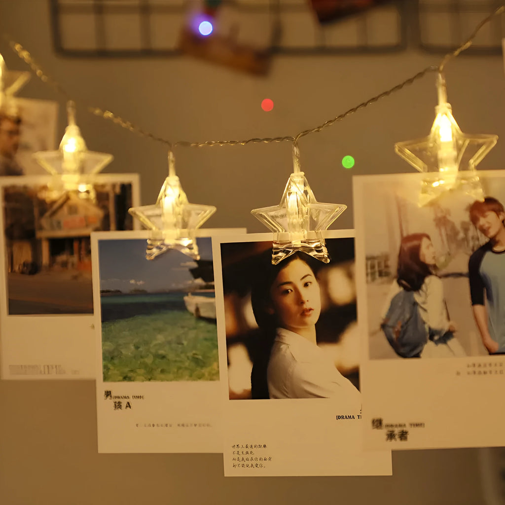 LED star clip string lights with warm white or colour LEDs in 3 metre length for room decoration