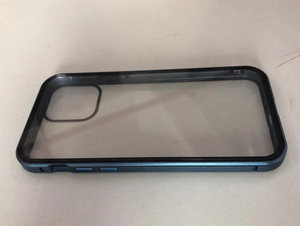 Glass anti-spy clamshell phone case for iPhone in six colour options: black, silver, red, gold, green, blue.