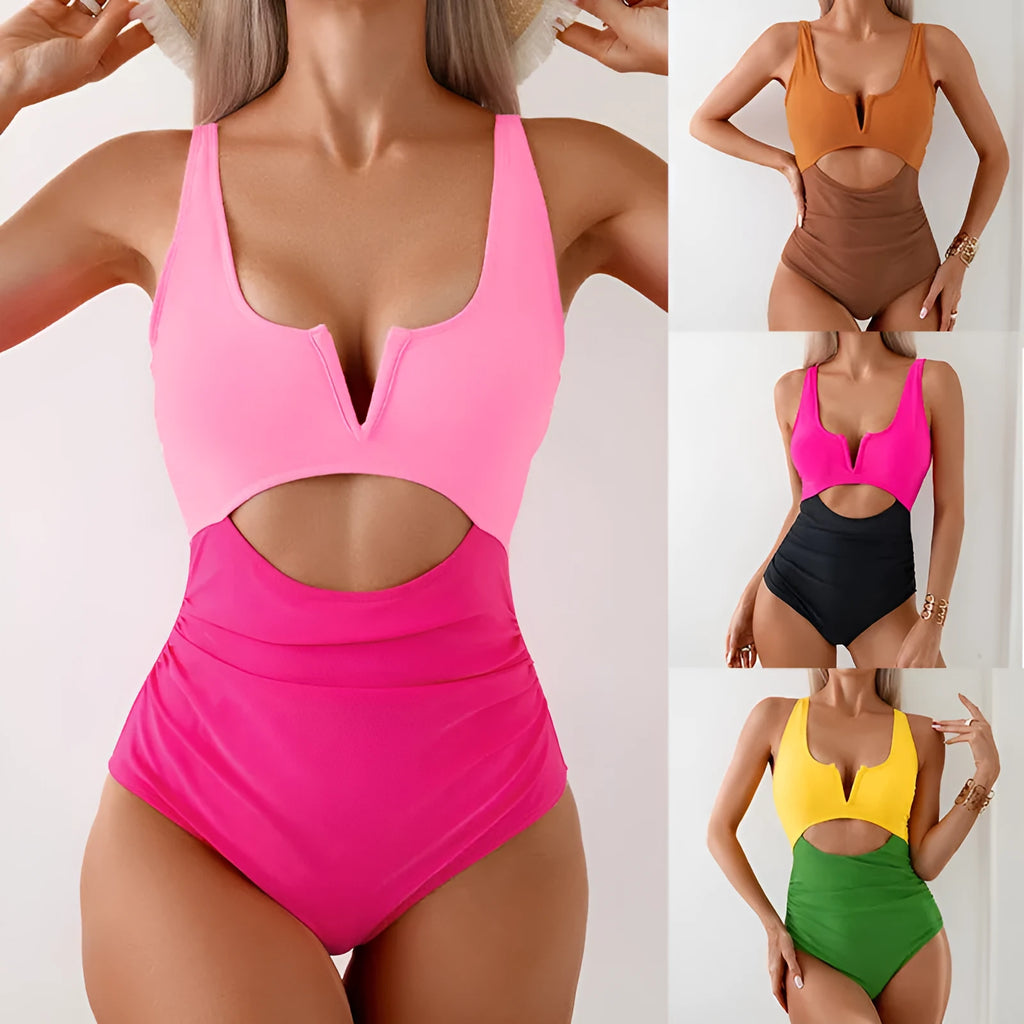 Women's contrast colour block one-piece swimsuit in nylon fabric.