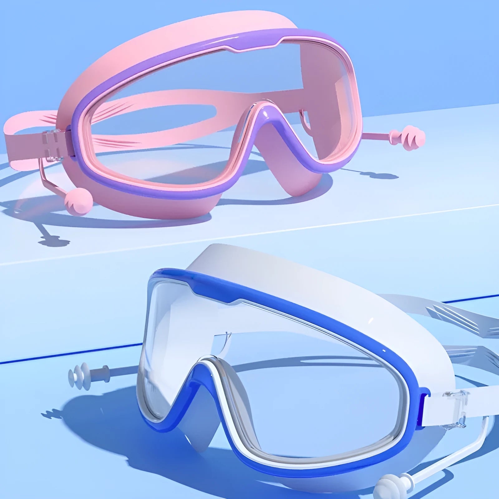 Children's large frame non-fogging waterproof swimming goggles in pink and blue