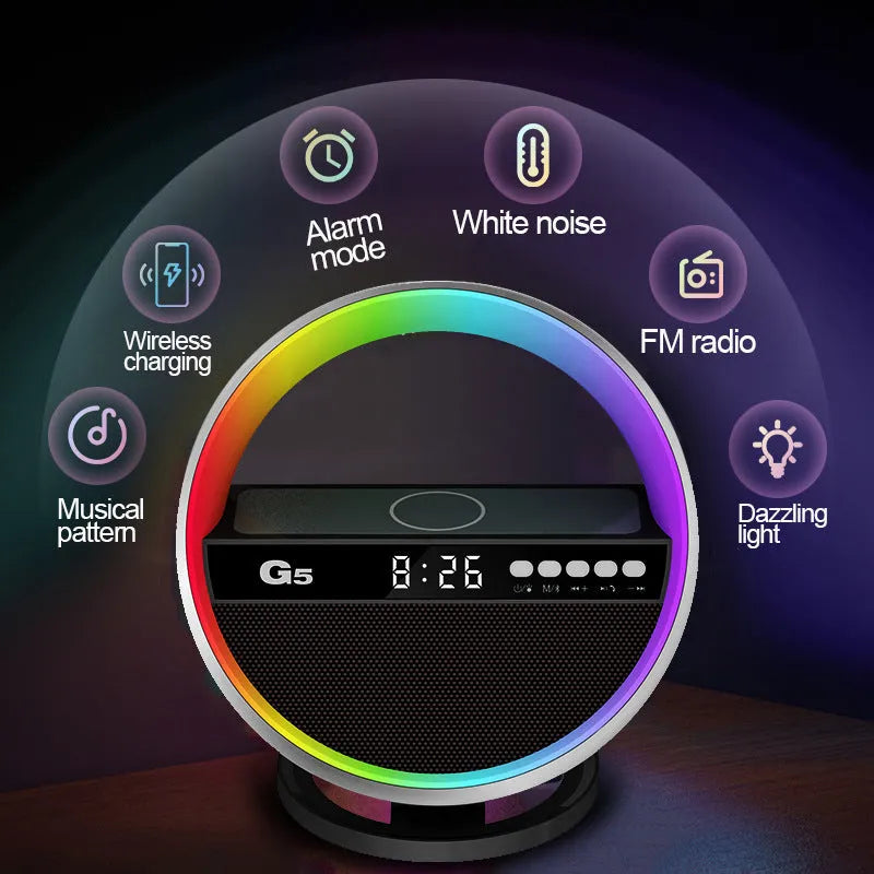 White multifunction RGB night light wireless charger and Bluetooth speaker on a desk with a smartphone on the charging pad