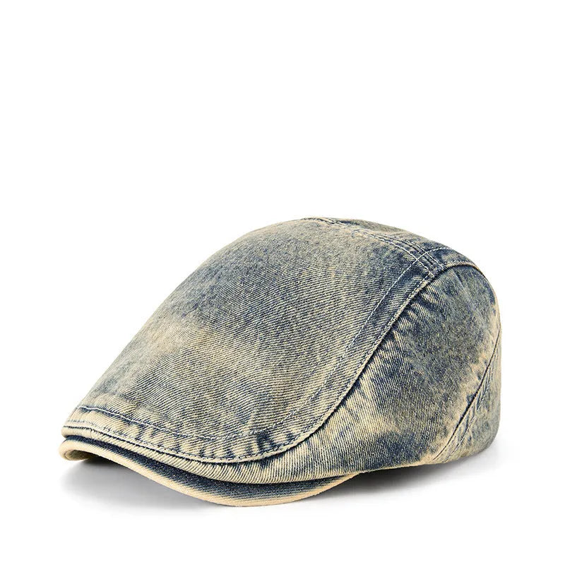 Men's forward baseball cap style hat with flat top crown design in denim blue cotton fabric