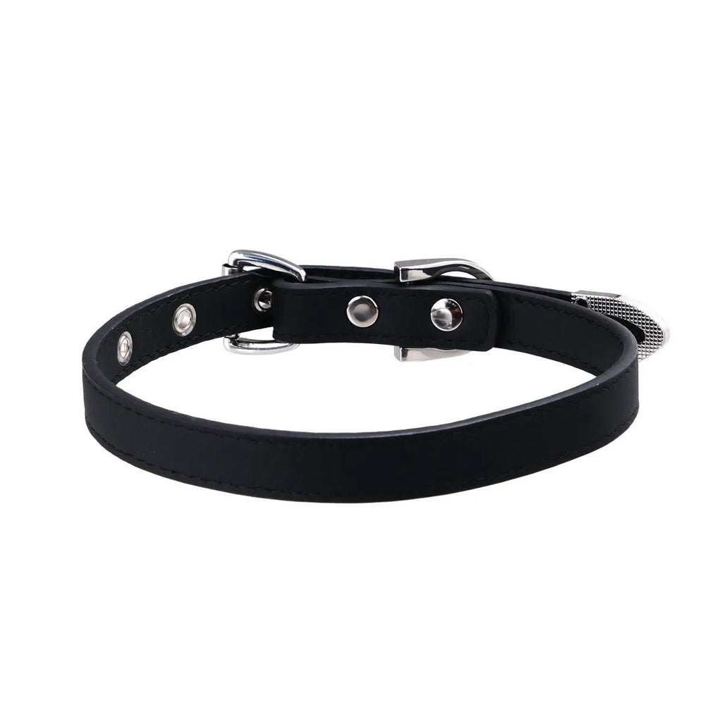 Black genuine leather collar with geometric metal pendant on adjustable 41-50cm chain
