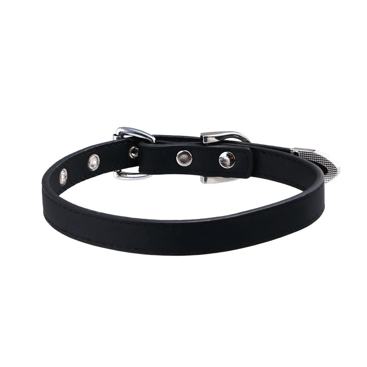 Black genuine leather collar with geometric metal pendant on adjustable 41-50cm chain