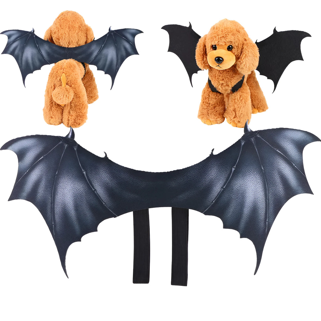 Black cloth bat wings Halloween costume for pets shown in three sizes
