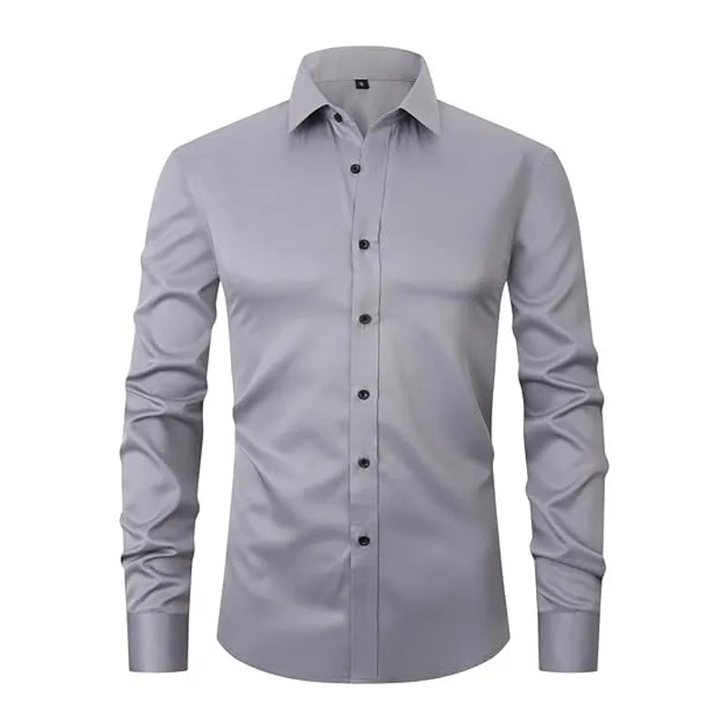 Men's stretch polyester long sleeve work shirt shown in a colour option, laid flat to show design.