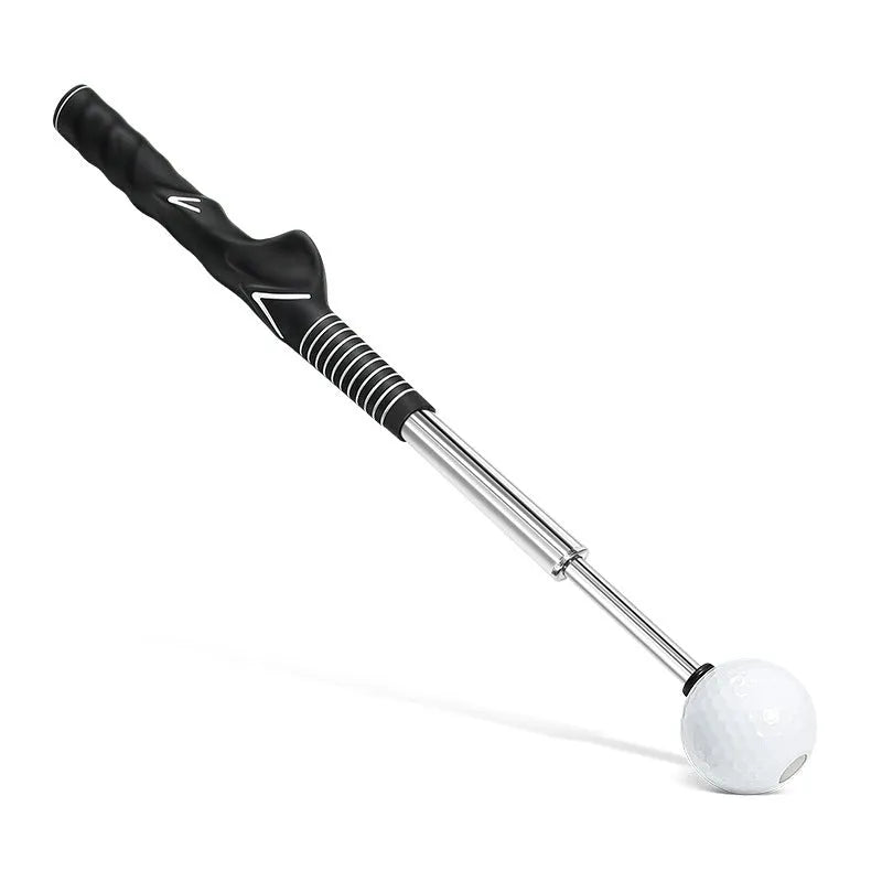 Telescopic golf swing simulator in stainless steel construction showing adjustable design