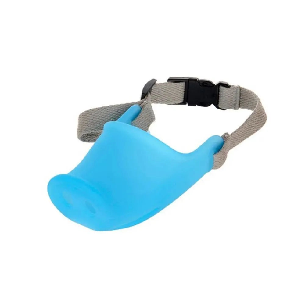 Blue silicone anti-bite mouth cover for dogs showing sizing on long-nosed pet