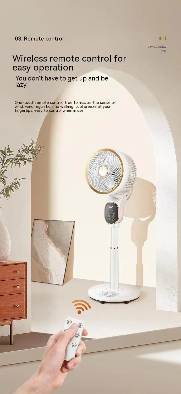 White air circulator fan with lifting column and remote control on a dormitory desk