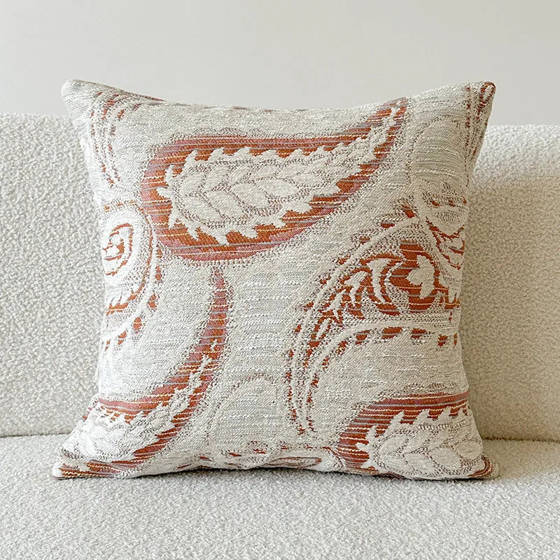 American-style yarn-dyed Jacquard cushion cover with paisley floral pattern in amber colour