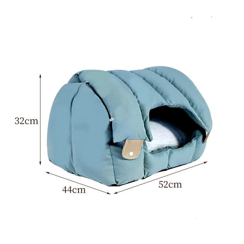 Grey arched cat nest showing both enclosed and sofa configurations for cats and dogs