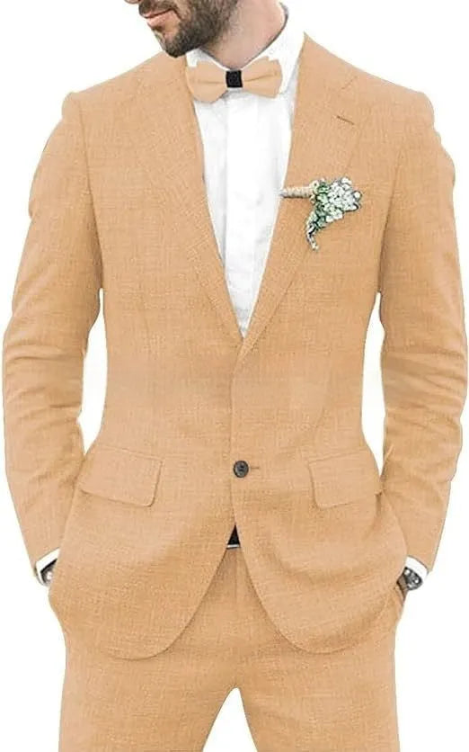 Men's linen hemp blend wedding suit in slim fit with jacket and trousers in dark blue colour