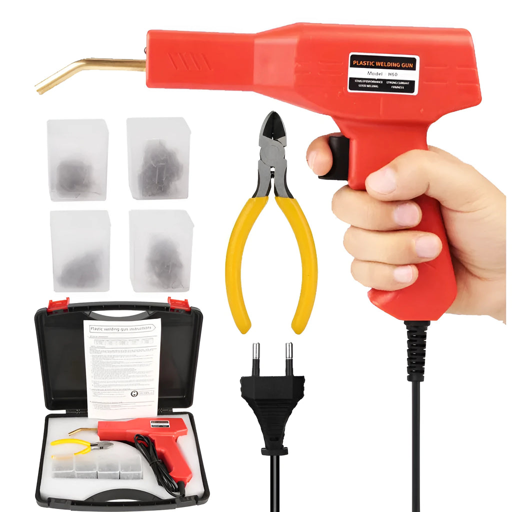 Red plastic welding gun with pure copper transformer, 200 nails, and pliers knife in black storage box
