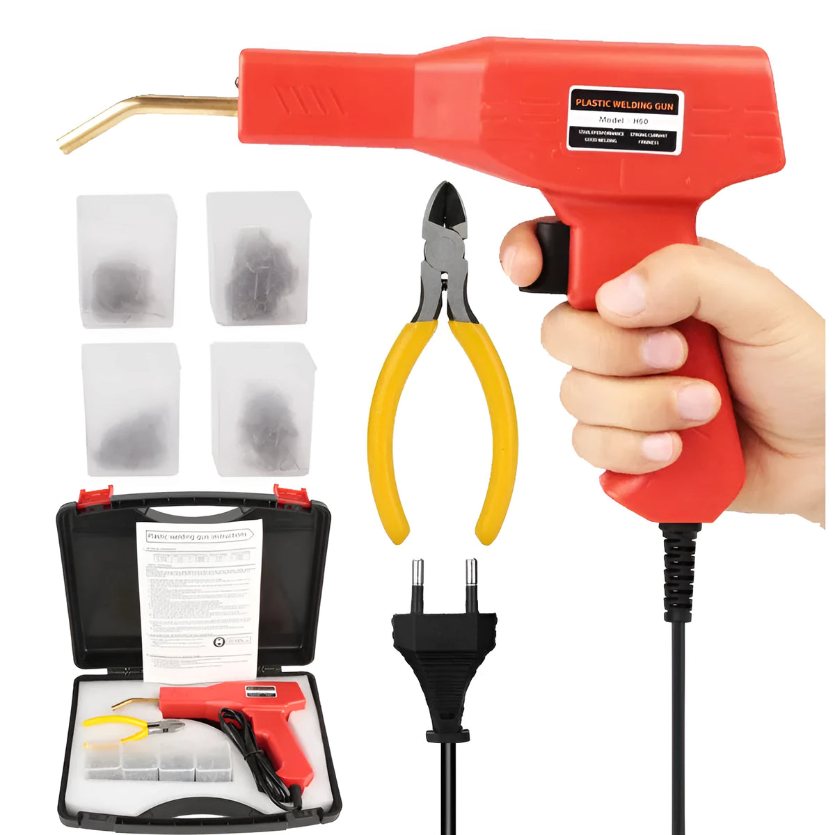 Red plastic welding gun with pure copper transformer, 200 nails, and pliers knife in black storage box