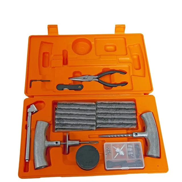 Emergency rubber strip tyre repair tool set in compact suitcase with gauge, insertion and reamer tools for tubeless radial tyres