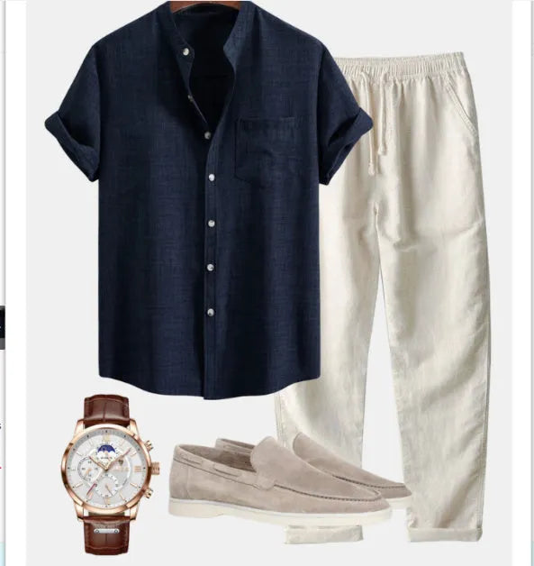 Men's slim-fit short-sleeved shirt with stand collar and digital print, shown with matching pants, shoes, and watch.