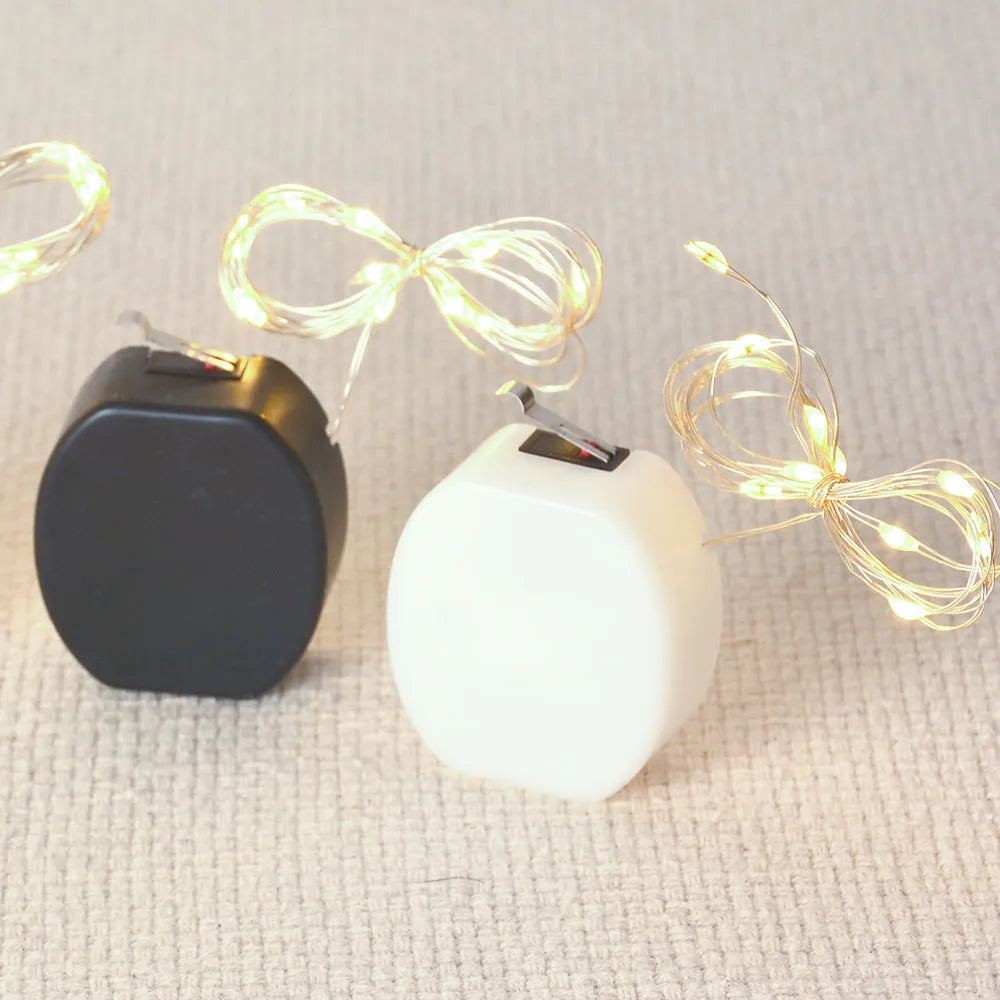 LED copper wire fairy lights with battery box showing flexible string arrangement
