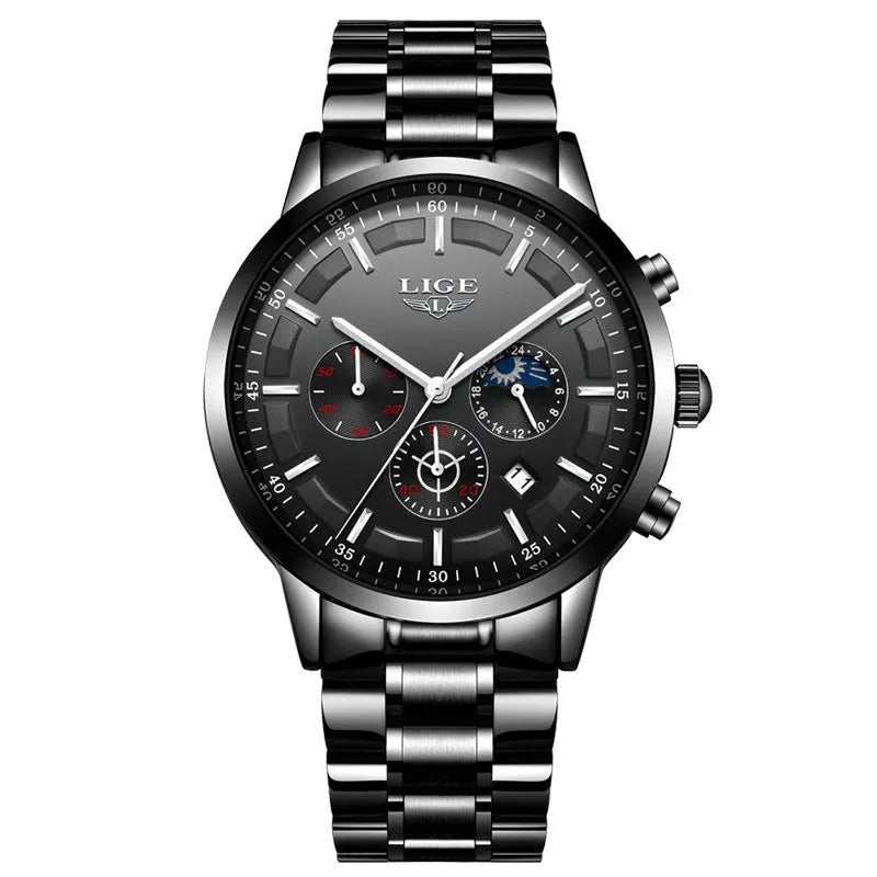 Men's waterproof quartz sports watch showing four colour options with 12mm case thickness