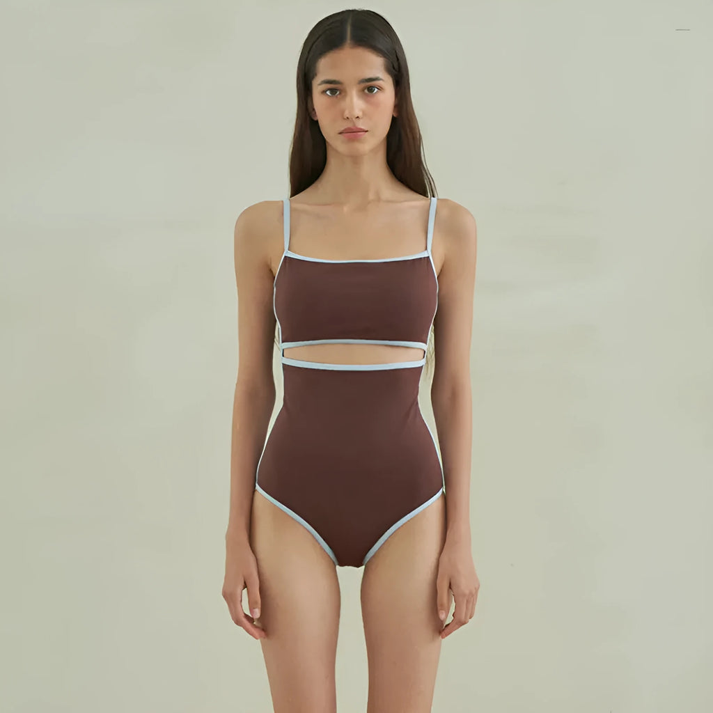 Brown triangle one-piece swimsuit for women on a mannequin.