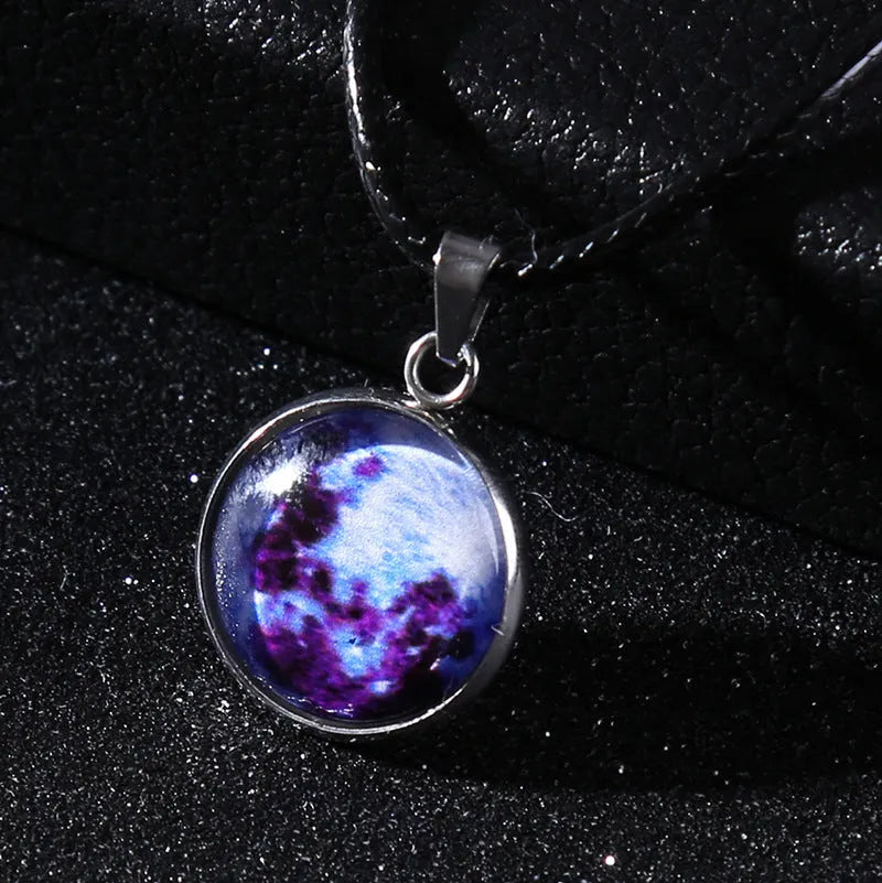 Moon night sky constellation glass pendant on a luminous alloy necklace chain with extension.