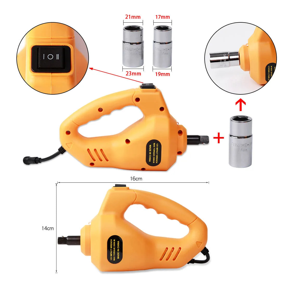 Yellow steel electric car jack set with 12V impact wrench for tyre changing