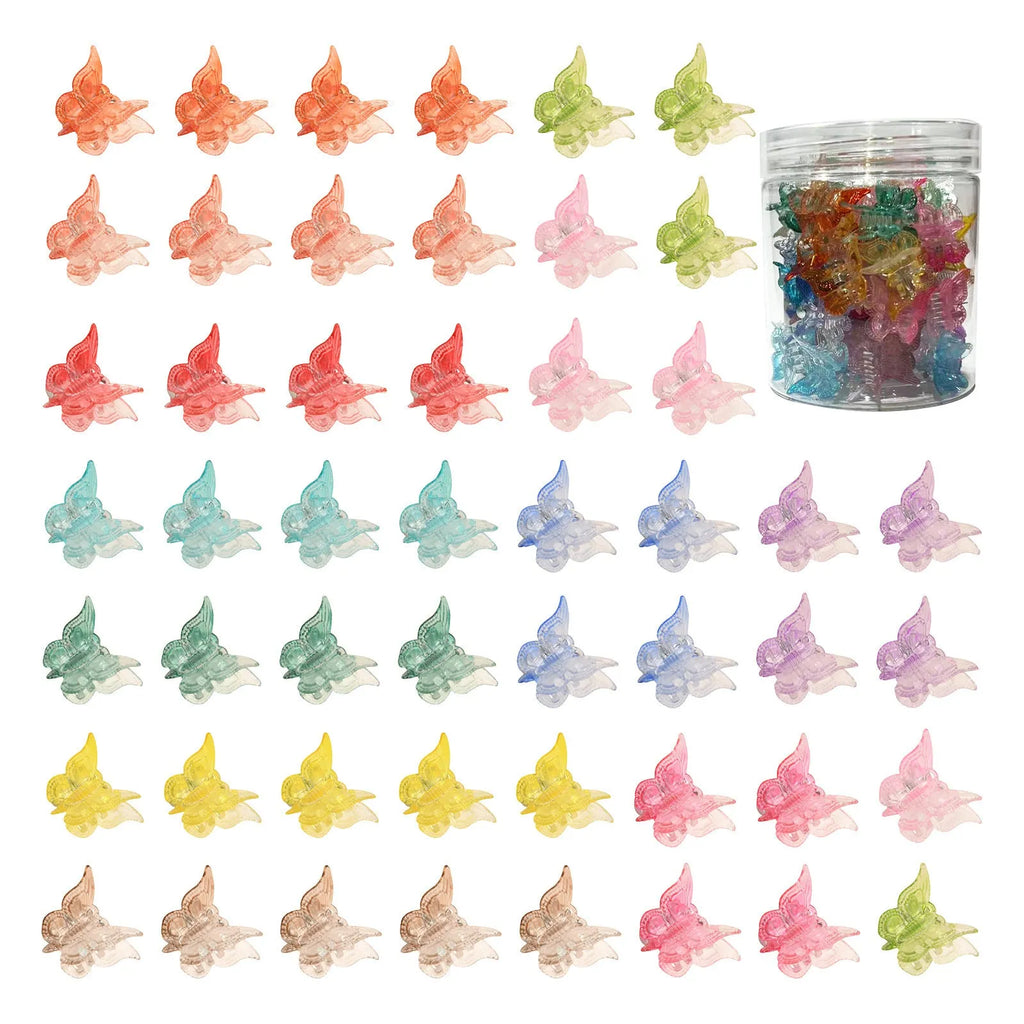 Set of 50 glitter butterfly hair claw clips in multiple colours showing mini size