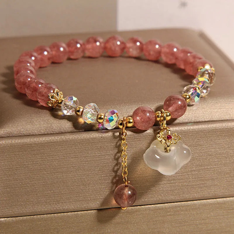 Women's strawberry quartz and white agate crystal bracelet with auspicious cloud design