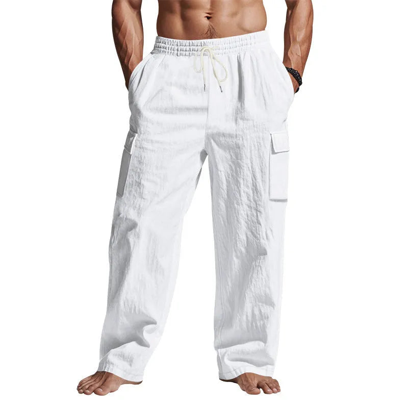 Men's multi-pocket straight linen cargo trousers in khaki, front view with pockets visible.