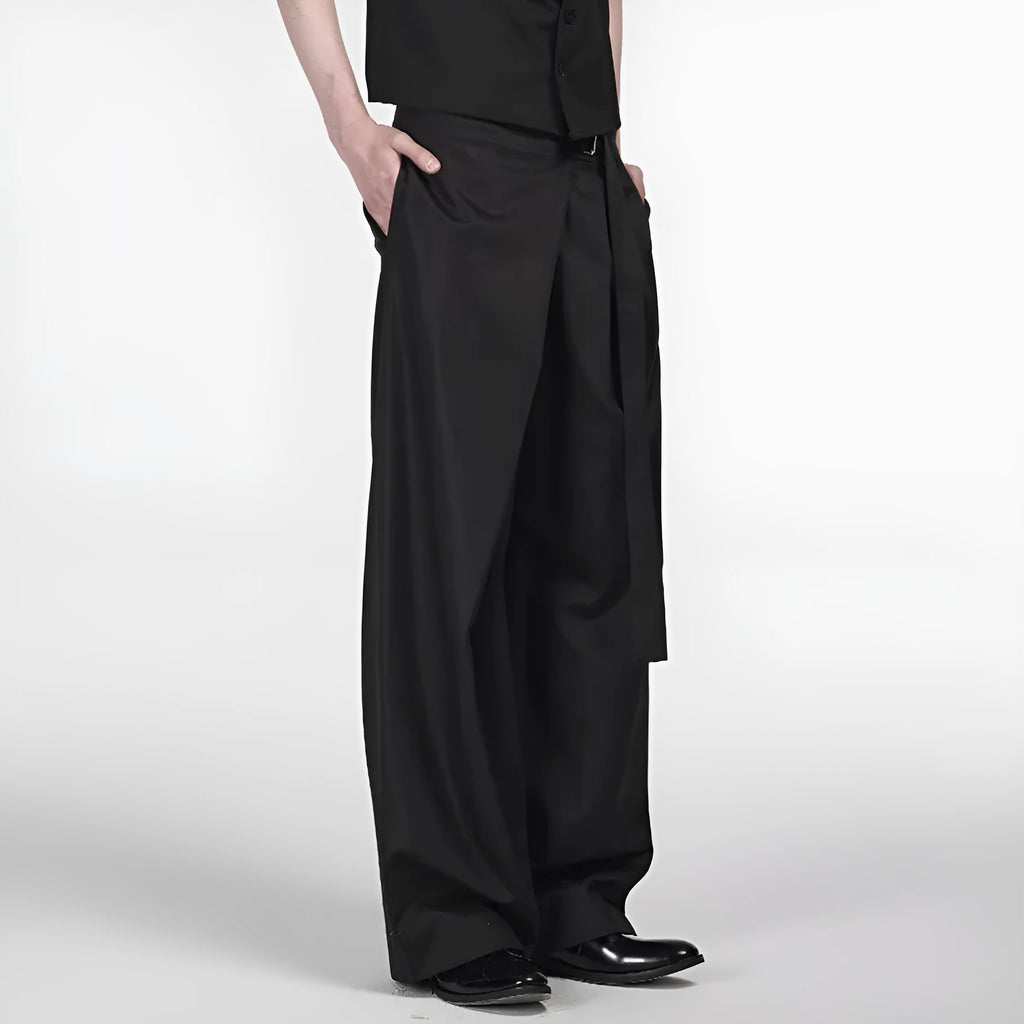 Black single pleated straight-leg trousers with an adjustable waistband on a hanger.