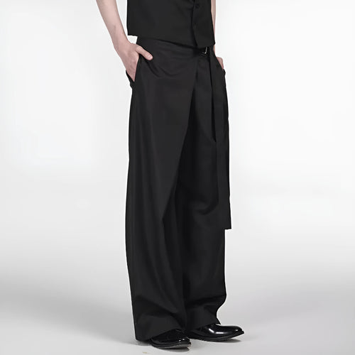 Black single pleated straight-leg trousers with an adjustable waistband on a hanger.