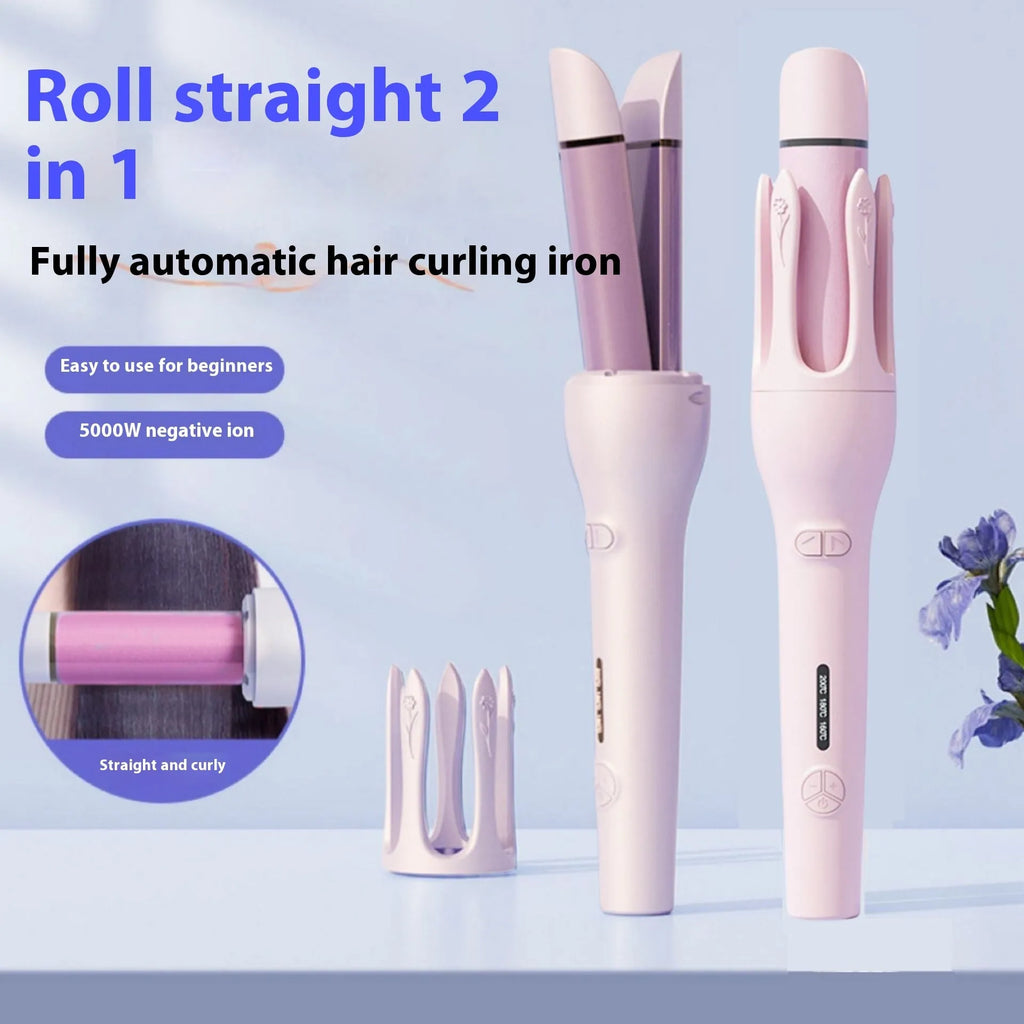 New 2-in-1 automatic hair curler straightener with ceramic barrel and temperature control in pink colour