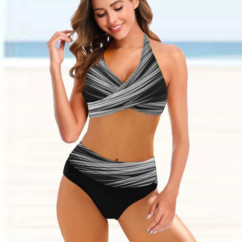 Ladies striped tie-dye bikini set with backless design and high-waist briefs in polyester fabric