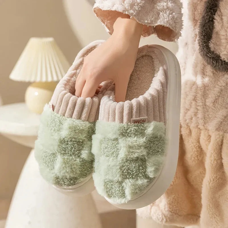 Women's plaid plush slippers with anti-slip PVC sole and round toe design