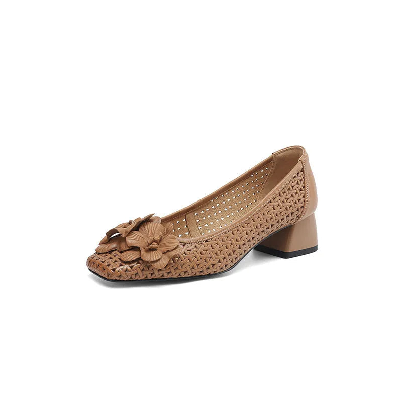 Women's light brown leather pump shoes with hollow weave design and mid heel