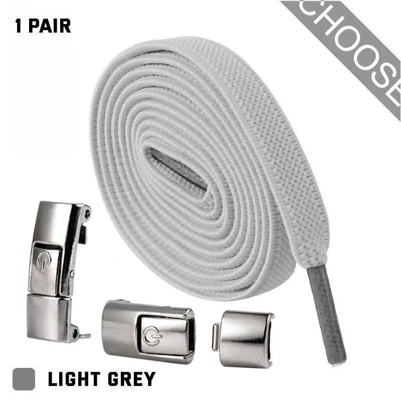 Pair of black 8mm wide flat press lock elastic shoelaces for no-tie fastening on sneakers
