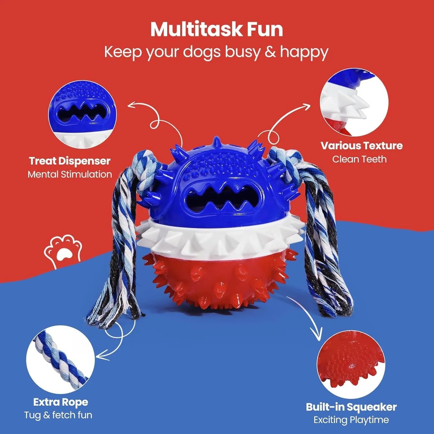 Blue and red 4.25 inch diameter dog ball toy with treat dispenser hole and surface texture for aggressive chewers