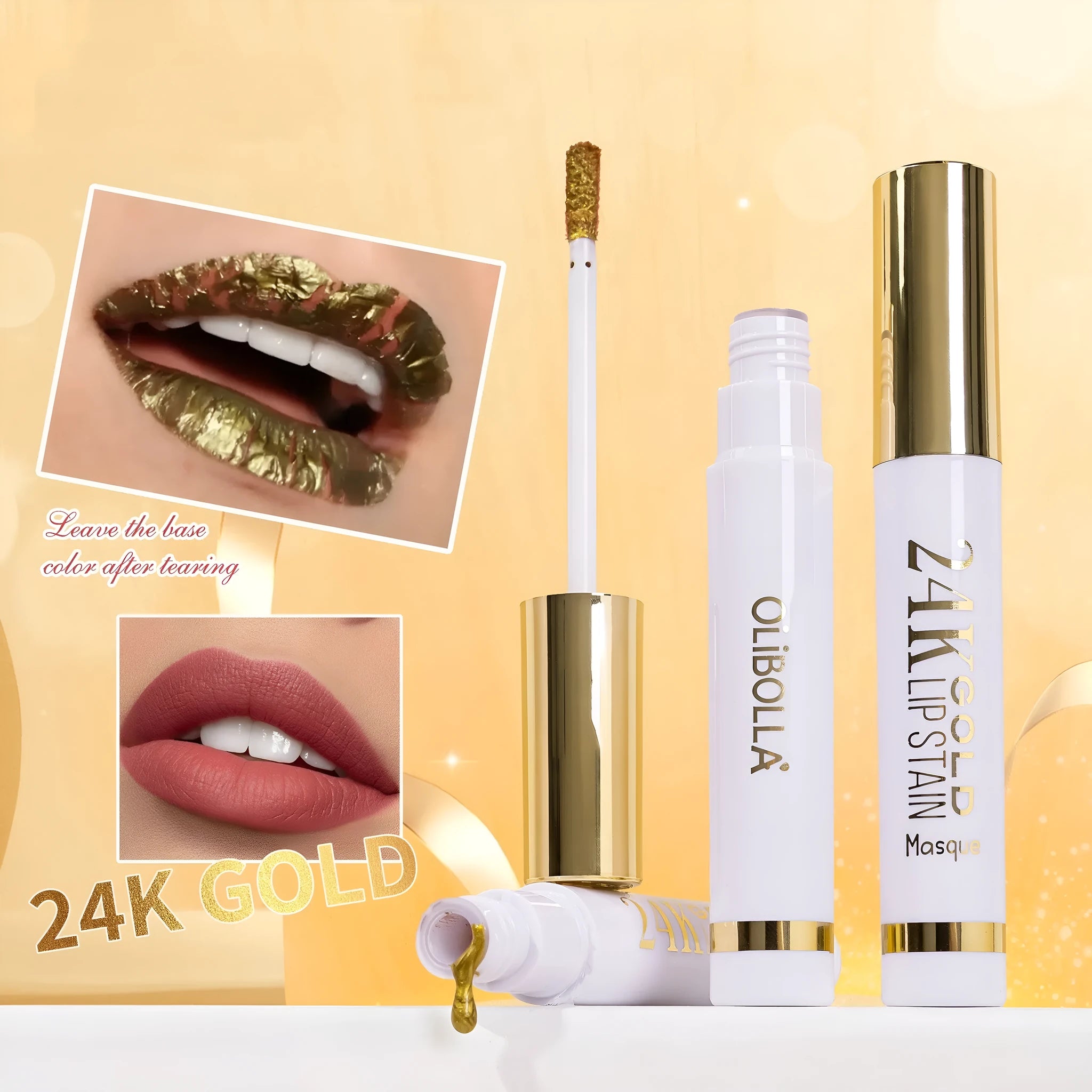 24k gold waterproof lip balm with tear-and-pull applicator in four shades 01Adore 02Lovely 03Hayley 04Whimsical