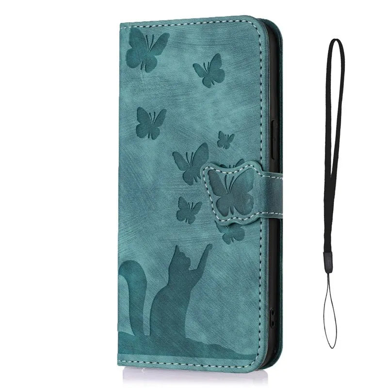 Butterfly cat embossed imitation leather phone case in purple with magnetic bracket for iPhone 14
