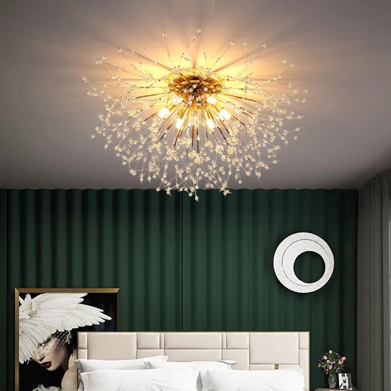 Dandelion crystal ceiling lamp chrome finish 40cm round shade wrought iron LED