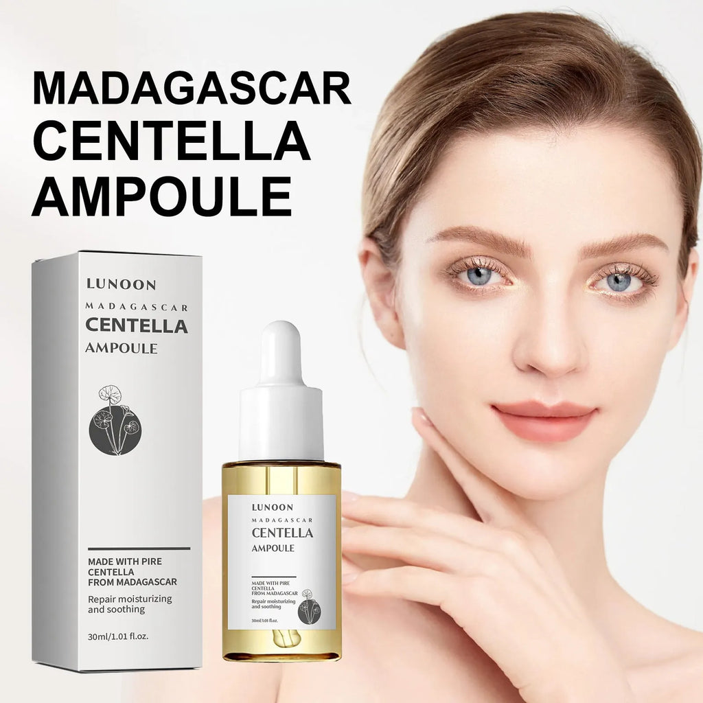 Centella Asiatica facial essence serum 30 ml bottle for pore shrink, brightening, and soothing on a white background
